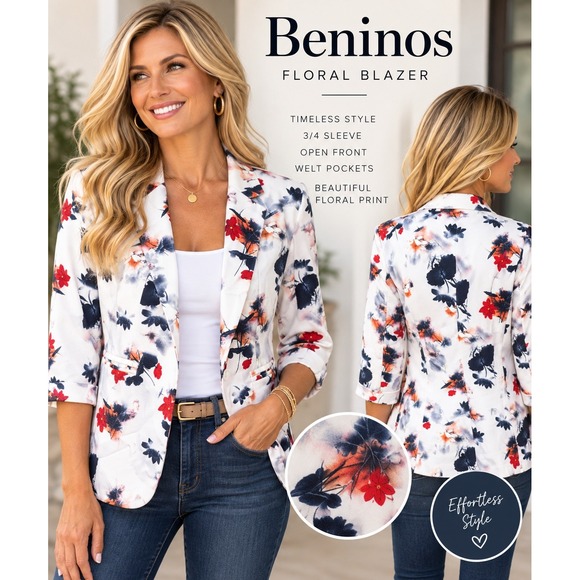 Beninos Jackets & Blazers - Beninos Floral Blazer Womens Medium White Red Blue Open Front 3/4 Sleeve 8276
